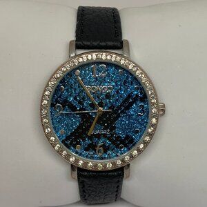 Bongo women’s quartz analog watch silver tone 35mm case black leather band runs